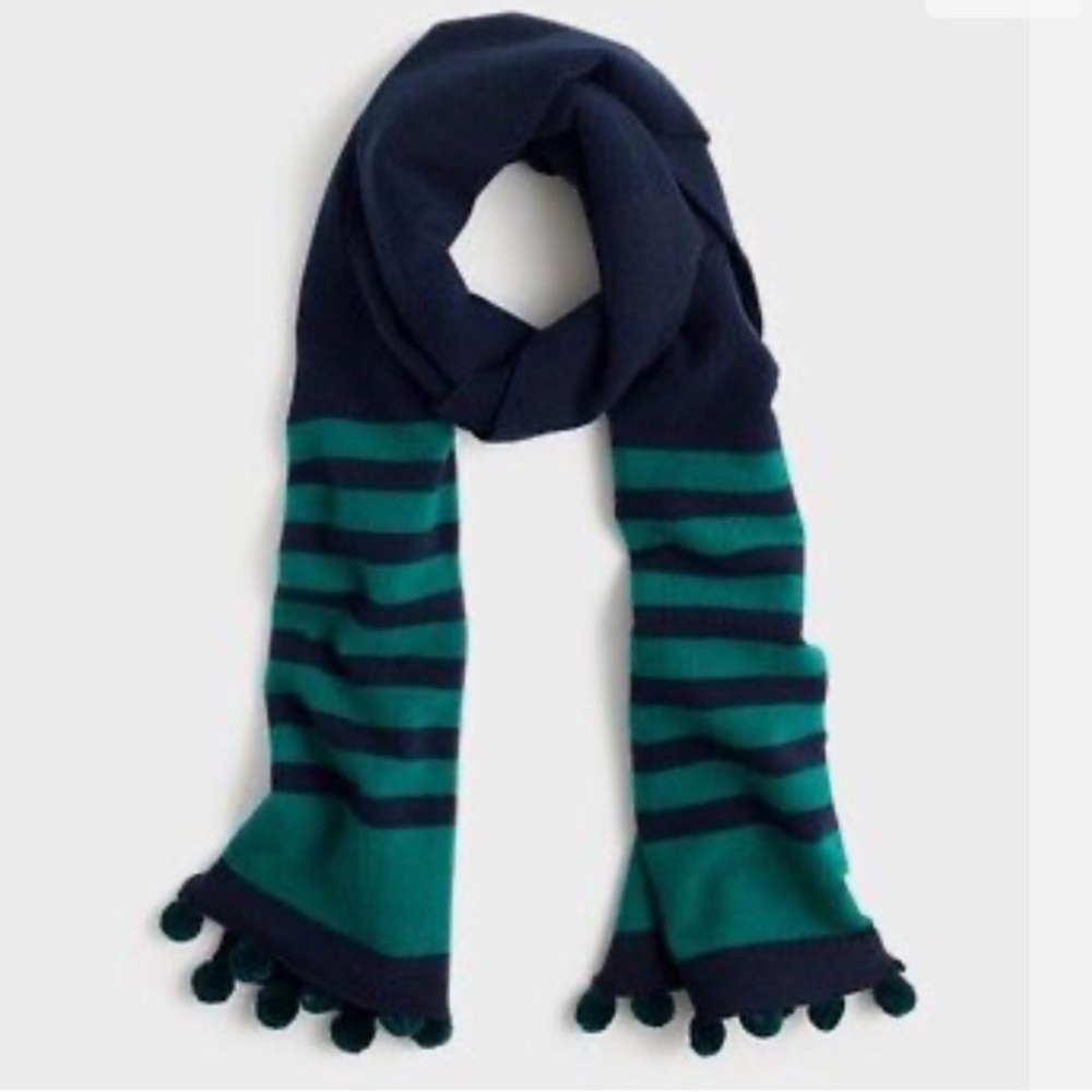 🚨MAKE AN OFFER🚨 J Crew Oversized Blue/Green Striped Wool Scarf with Pom Poms